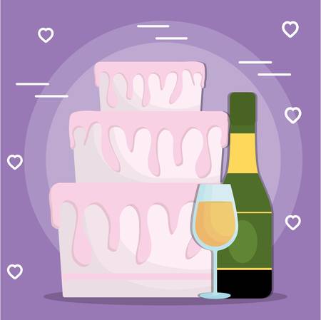 wedding cake and champagne bottle and glass icon over purple background. colorful design. vector illustrationのイラスト素材