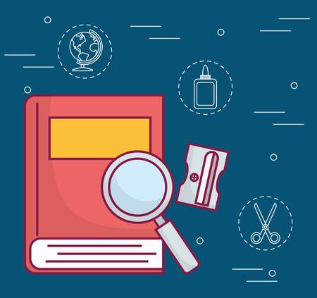 book, magnifying glass and sharpener icon over blue background. colorful design. vector illustrationのイラスト素材