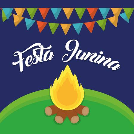 Festa junina card with decorative pennants and bonfire icon  over blue background. Colorful design. Vector illustrationのイラスト素材