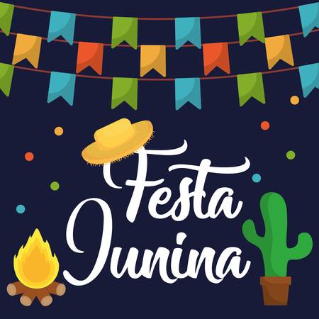 festa junina card with related icons around  over blue background. colorful design. vector illustrationのイラスト素材