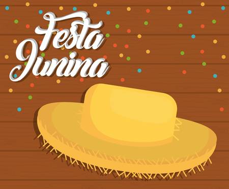 festa junina card with hat icon  over wooden background. colorful design. vector illustrationのイラスト素材