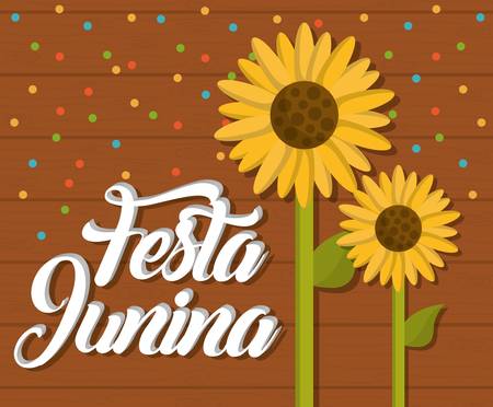 festa junina card with sunflowers icon  over wooden background. colorful design. vector illustrationのイラスト素材