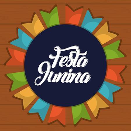 festa junina card with decorative circular frame  over wooden background. colorful design. vector illustrationのイラスト素材