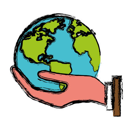 hand holding a earth planet icon over white background. vector illustrationのイラスト素材