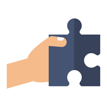 hand holding a jigsaw puzzle icon over white background. vector illustrationのイラスト素材