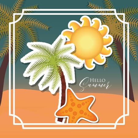 decorative frame with summer and vacations related icons over beach background. colorful design. vector illustrationのイラスト素材