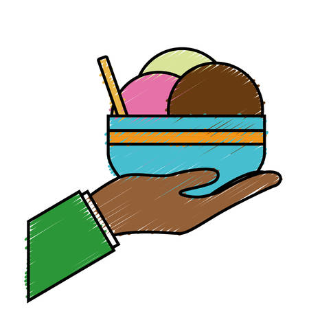 hand holding a ice cream bowl icon over white background. vector illustrationのイラスト素材