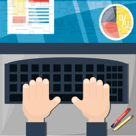 A colorful hand typing and using the computer in digital marketing, vector illustration.のイラスト素材