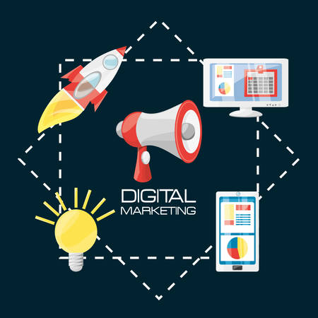smartphone, rocket, bulb, and computer digital marketing concept, vector illustrationのイラスト素材