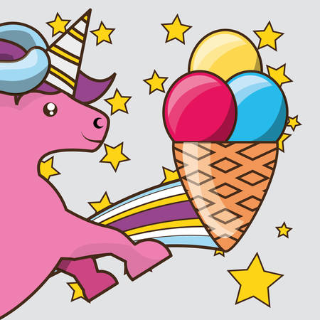 beautiful cute unicorn with colorful rainbow and ice cream vector illustrationのイラスト素材