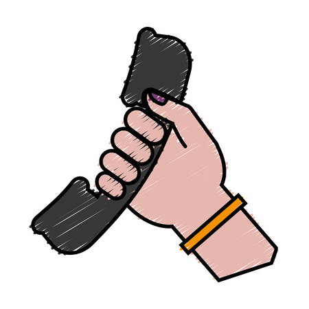 hand holding a phone icon over white background colorful design vector illustrationのイラスト素材