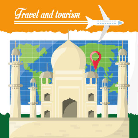 global map with tag mahal archicture of india vector illusrationのイラスト素材