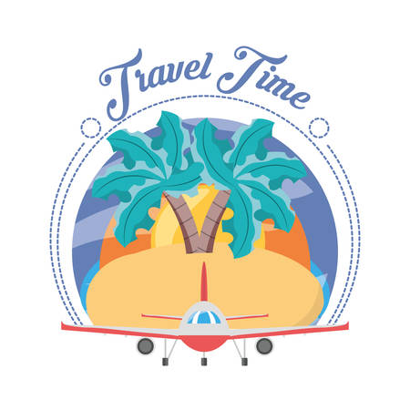 airplane and beach with sun and palm trees vector illustrationのイラスト素材