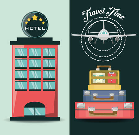 airplane with bags and hotel destination vector illustrationのイラスト素材