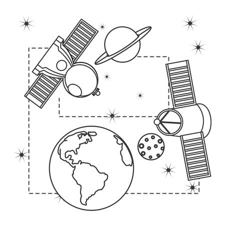 planets with technology satellites in the atmosphere vector illustrationのイラスト素材