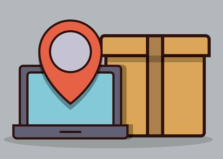 laptop computer, carton box and location pin icon over gray background colorful design vector illustrationのイラスト素材