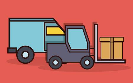 forklift truck and cargo truck icon over red background colorful design vector illustrationのイラスト素材