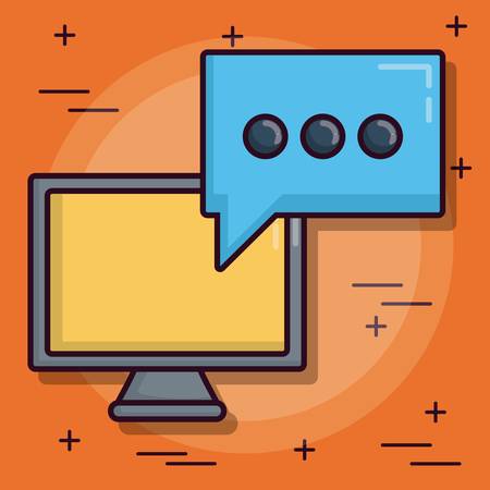computer and speech bubble icon over orange background colorful design  vector illustrationのイラスト素材