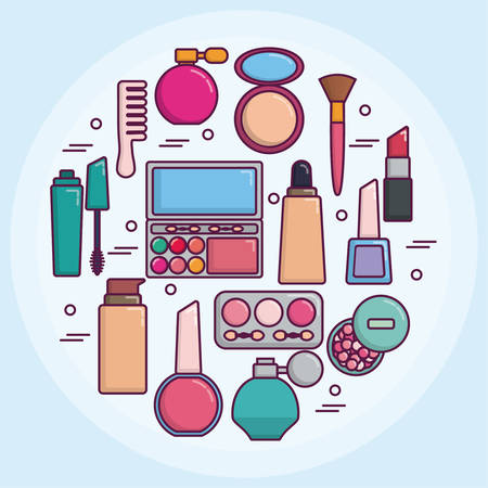 Makeup and cosmetics related icons in circle shape over blue background colorful design vector illustrationのイラスト素材