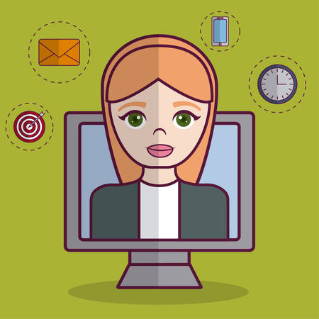 woman with digital marketing related icons around over green background colorful design vector illustrationのイラスト素材