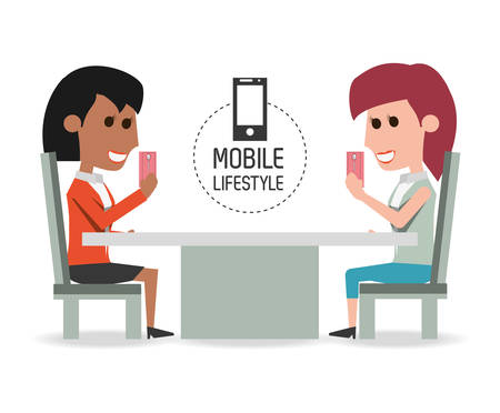 women in the restaurant with smartphone in the hand vector illustrationのイラスト素材