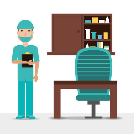 A man doctor with glasses and his consulting room vector illustration.のイラスト素材