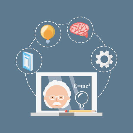 laptop with man teacher chemistry with bulb inside vector illustrationのイラスト素材