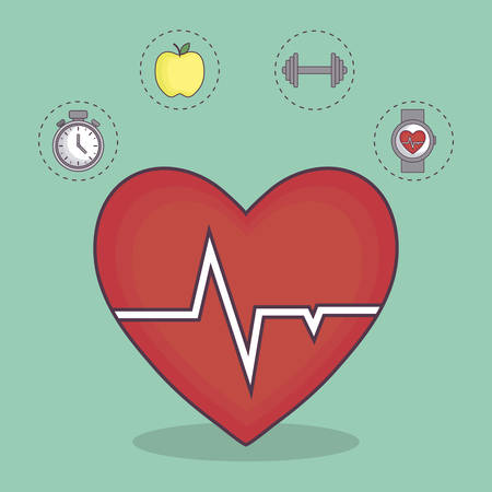cardio heart and healthy and fitness lifestyle related icons over  green background colorful design vector illustrationのイラスト素材