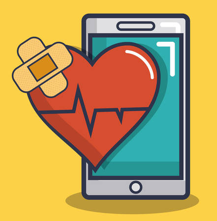 smartphone cardio heart and adhesive bandage icon over yellow background colorful design vector illustrationのイラスト素材