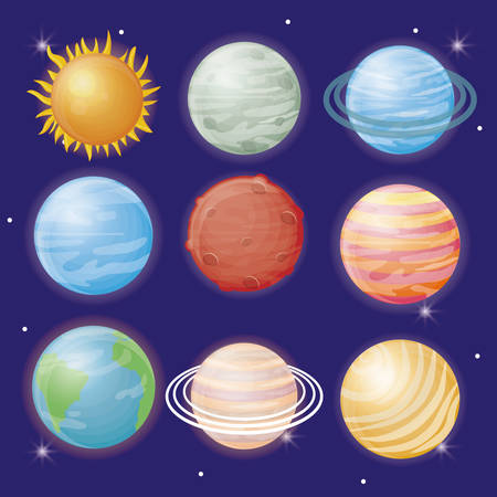 planets sun and moon of system solar icon over blue background colorful design vector illustrationのイラスト素材