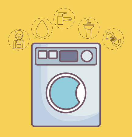 Washing machine with plumbing service related icon over yellow background colorful design vector illustrationのイラスト素材
