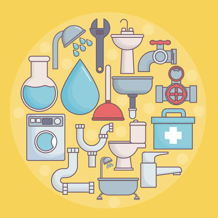 Plumbing service related icons in circle shape over yellow background colorful design vector illustrationのイラスト素材
