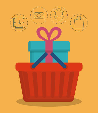 basket with gift box and e-commerce related icons over orange background colorful design vector illustrationのイラスト素材