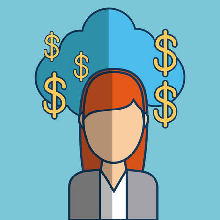 woman with money signs around and cloud icon over blue background colorful design vector illustrationのイラスト素材