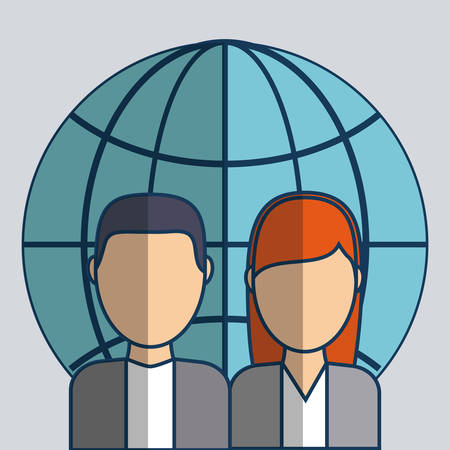 woman and man with global sphere icon over gray background colorful design vector illustrationのイラスト素材
