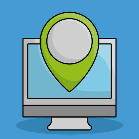 location pin and computer icon over blue background colorful design vector illustrationのイラスト素材