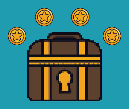 Coins and chest game pixel figure over blue background colorful design vector illustrationのイラスト素材