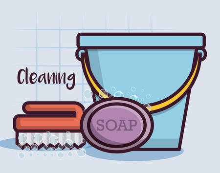 Bucket, soap and brush icon over brick wall background. Colorful design vector illustrationのイラスト素材
