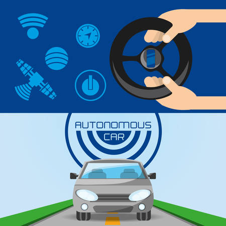 autonomous car and hands with steering wheel icon colorful design vector illustrationのイラスト素材