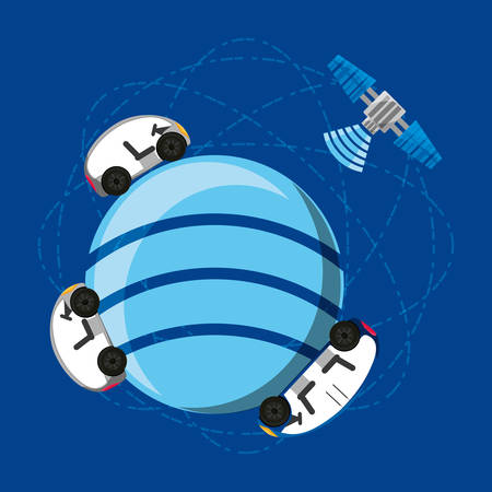 global sphere with autonomous car and satellite icon over blue background colorful design vector illustrationのイラスト素材