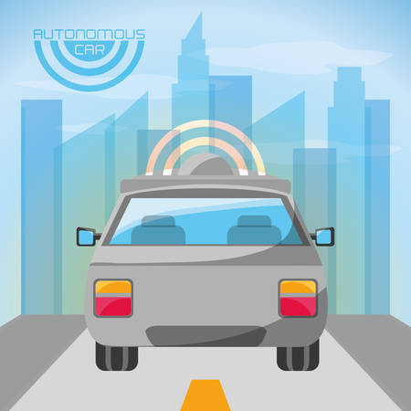autonomous car icon over city landscape background colorful design vector illustrationのイラスト素材