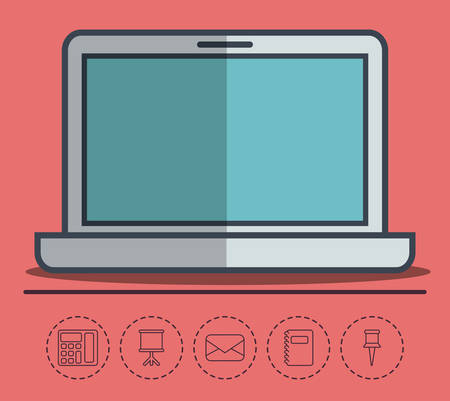 laptop computer and office elements icons over red background colorful desing vector illustrationのイラスト素材