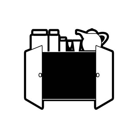 flat line moncromatic cupboard and  crockery over white background  vector illustrationのイラスト素材
