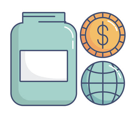 Financial  related in colorful design, such as money coin, globe for economy, and big bottle  illustrationのイラスト素材