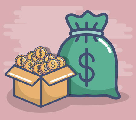 box with coins and money sack icon over pink background colorful design vector illustrationのイラスト素材