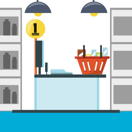 supermarket cash register and shopping basket with products icon colorful design vector illustrationのイラスト素材