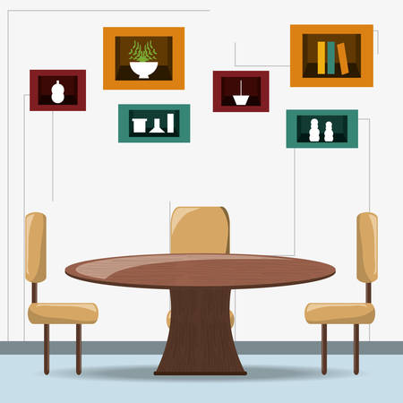 wooden dining room with decorative objects colorful design vector illustrationのイラスト素材