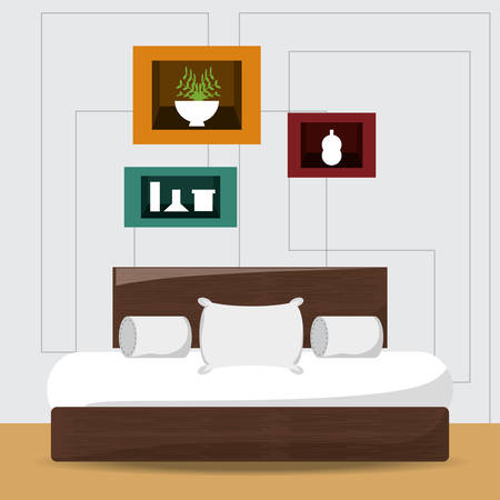 bedroom with bed and decorative objects icon colorful design vector illustrationのイラスト素材
