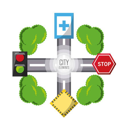 road with city elements icon over white background colorful design vector illustrationのイラスト素材