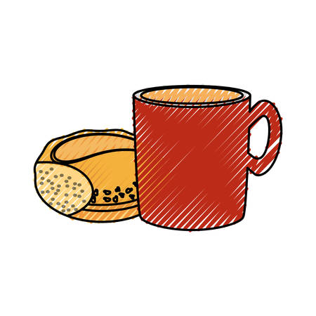 colored  coffee mug and  bread   doodle  over white background  vector illustrationのイラスト素材